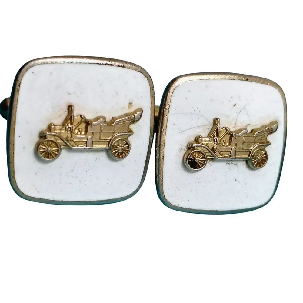 1950s Roadster White Enamel Cufflinks Faux Gold Metal Formal Wear Set of Two